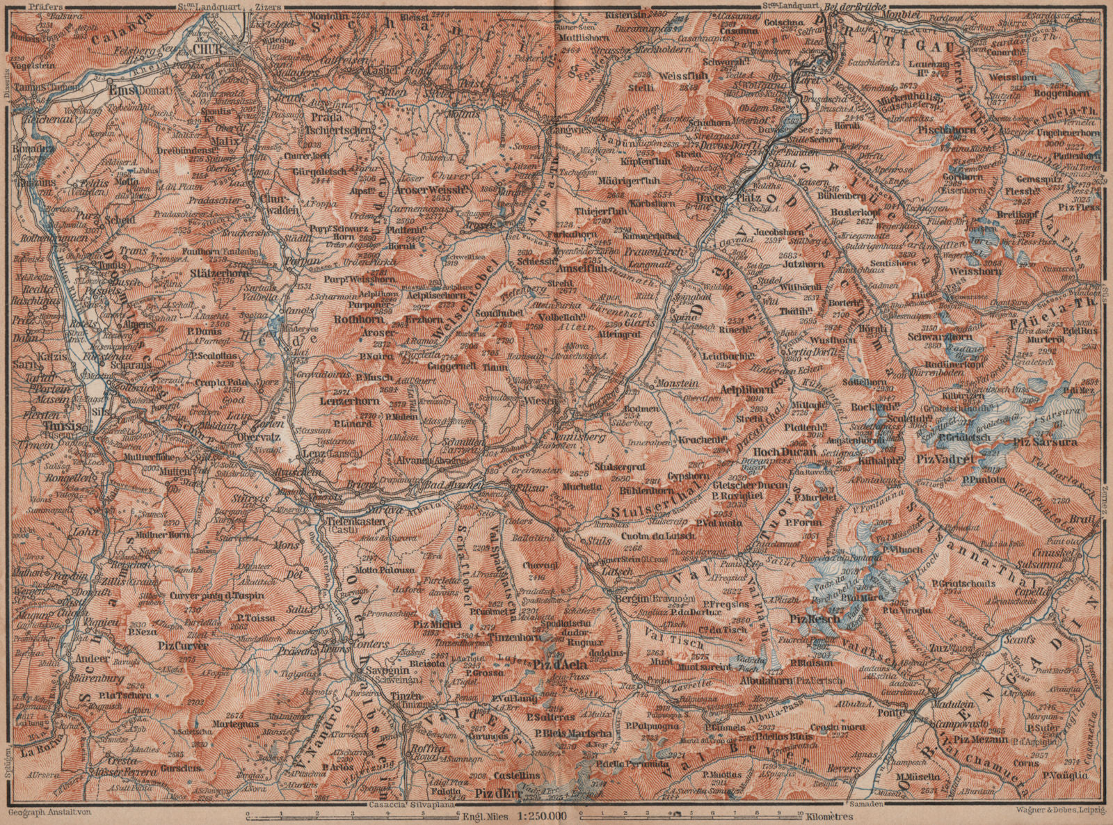 GRAUBÜNDEN/ALBULA ALPS. Chur-Samedan. Arosa Lenz Davos Savognin Thusis 1893 map